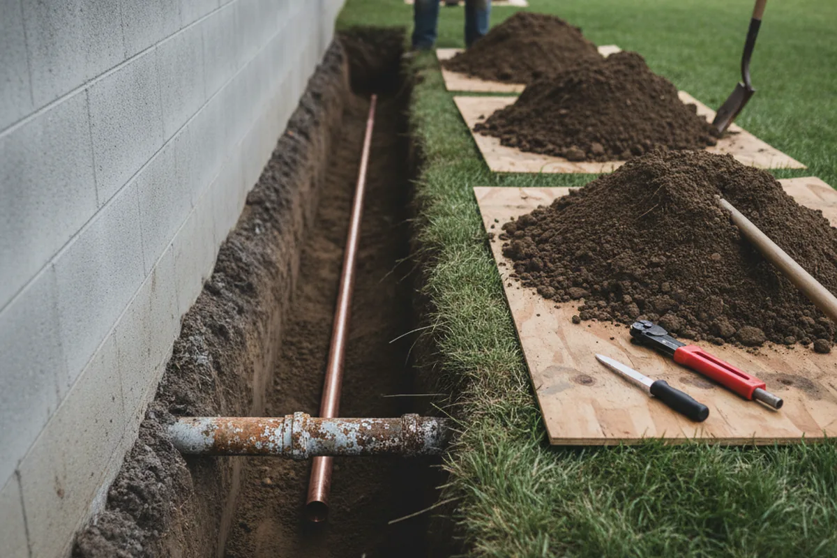 Excavated water line trench during Sewer Line Repair in Murrells Inlet